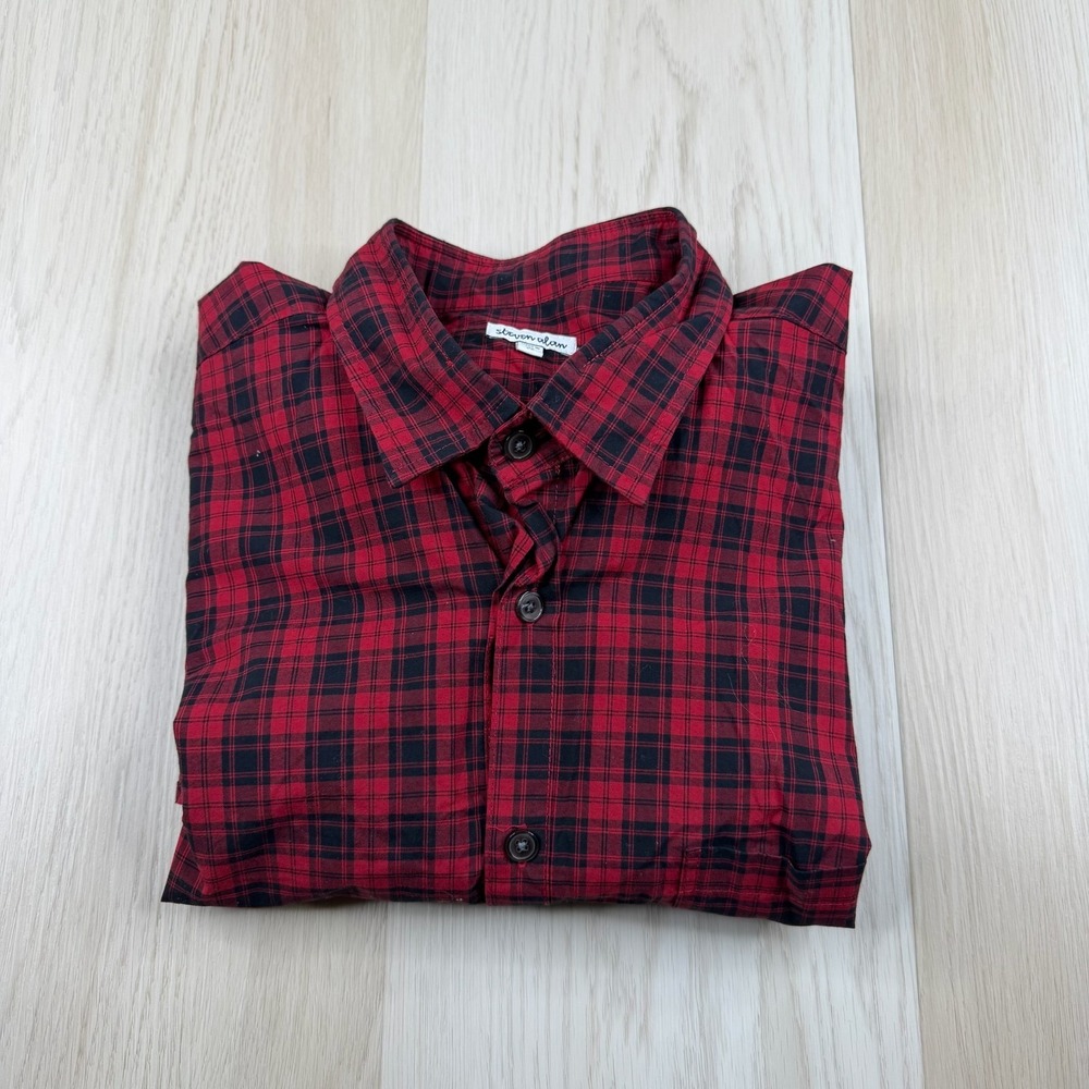 Steven Alan Mens Red Black Plaid Flannel Long Sleeve Button Up Shirt Size XL